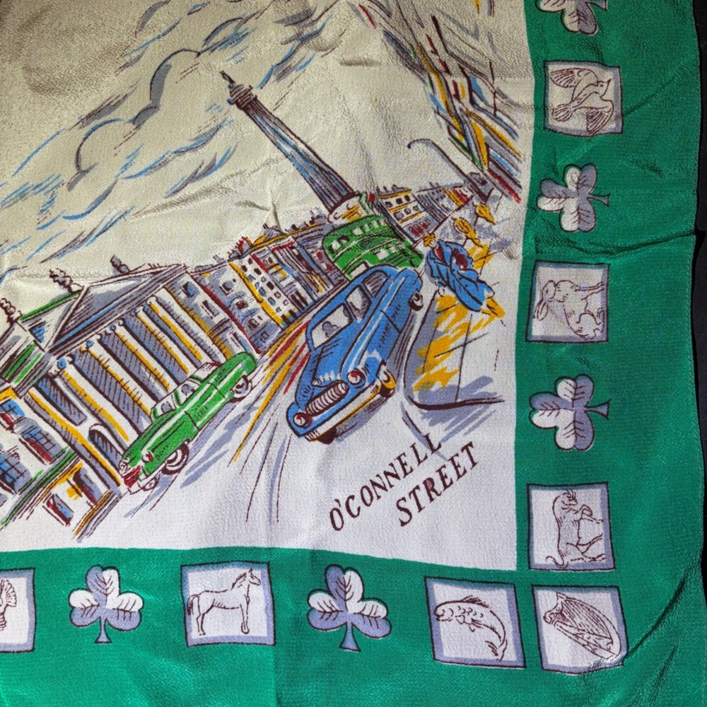 Vintage Dublin‎ Ireland Souvenir Scarf Green White headscarf Landmarks STAINED - Picture 3 of 8